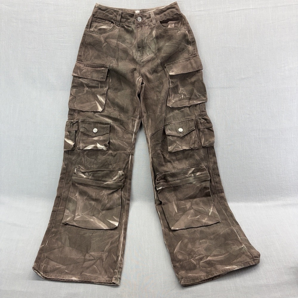 Forever 21‎ Women's Brown Tie Dye Cargo Pants Wide Leg Multi Pocket Size S